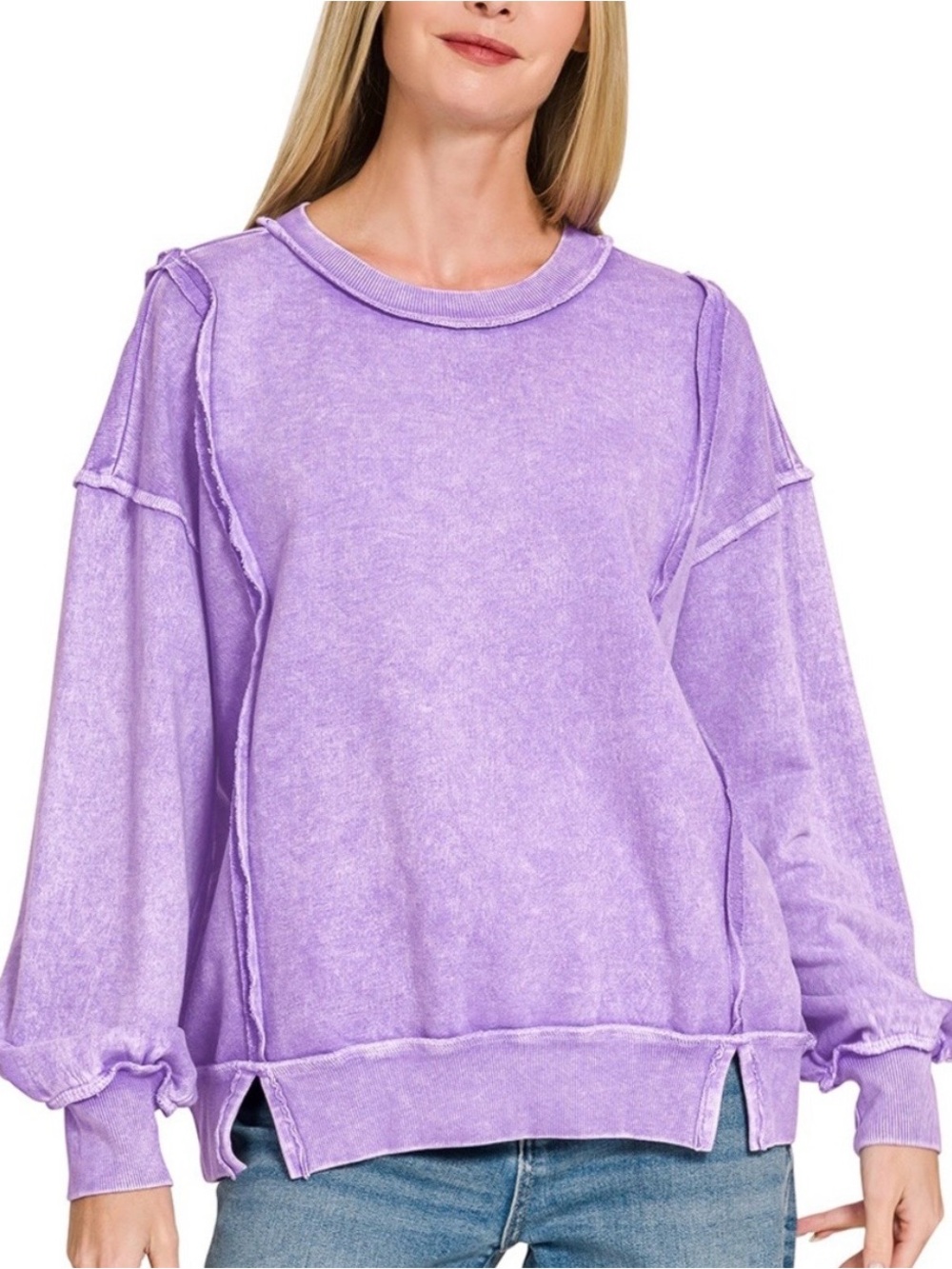 NWT💜Zenana Halo Snow Washed French Terry Exposed Seam Sweatshirt Small Violet